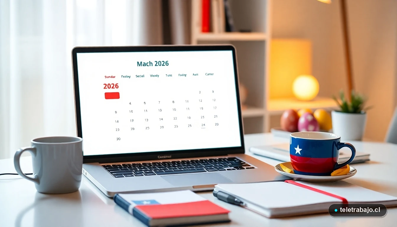 Calendario laboral 2026 en pantalla de laptop para planificar teletrabajo en Chile