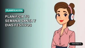 Ilustración planificadora de calendario laboral 2026 de Chile con trabajadora remota y fondo degradado.
