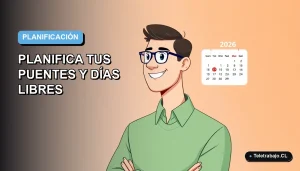 Ilustración plana de un trabajador remoto sonriente junto a un calendario digital, sobre un fondo degradado azul y blanco, representando la planificación de días libres en Chile.