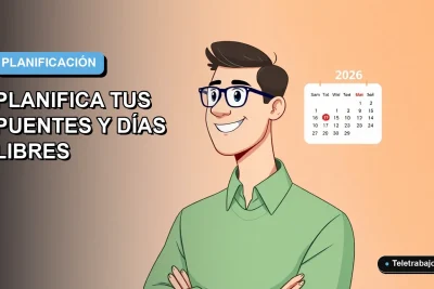 Ilustración plana de un trabajador remoto sonriente junto a un calendario digital, sobre un fondo degradado azul y blanco, representando la planificación de días libres en Chile.