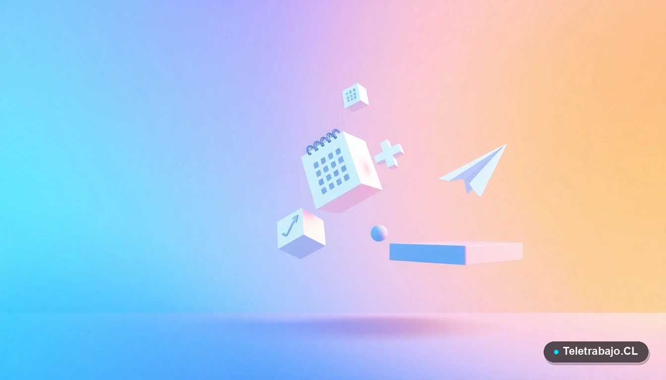 Elementos de interfaz de usuario abstractos y modernos en estilo plano, como bloques de calendario y un avión de papel, sobre un fondo degradado lila y durazno.