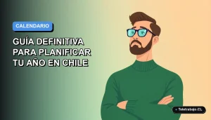 Ilustración plana de un trabajador remoto masculino junto a un calendario digital en Excel para planificar el año 2026 en Chile.