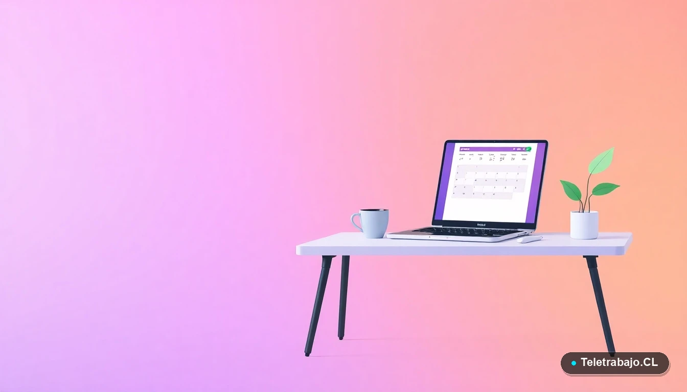 Escritorio moderno vacío con laptop mostrando un calendario en Excel, planta y taza de café, sobre fondo degradado lavanda.