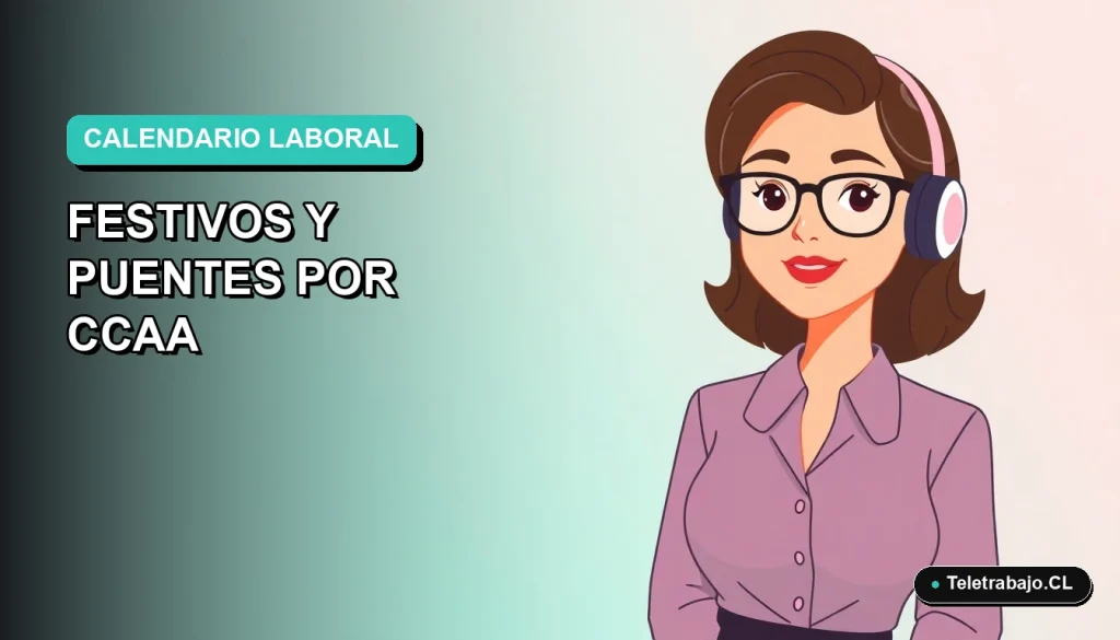Ilustración vectorial plana de una mujer profesional del teletrabajo, con fondo degradado azul verdoso, para calendario laboral 2026 por comunidad autónoma.
