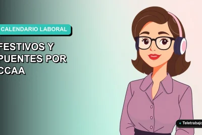 Ilustración vectorial plana de una mujer profesional del teletrabajo, con fondo degradado azul verdoso, para calendario laboral 2026 por comunidad autónoma.