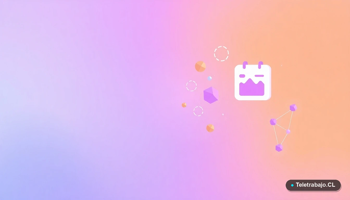 Composición abstracta de interfaz de usuario tecnológica con gráficos flotantes e iconos de calendario, sobre fondo degradado lavanda, concepto de planificación del año laboral 2026.