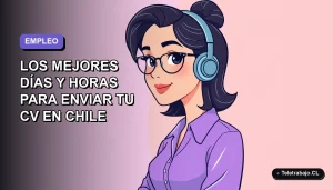 Ilustración plana corporativa de una mujer profesional de teletrabajo en Chile, con fondo degradado lavanda, para artículo sobre mejores momentos para enviar currículum en 2026.