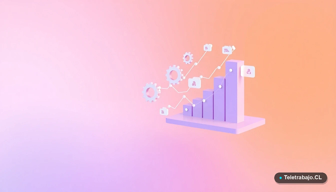 Composición abstracta de interfaz de usuario tecnológica con gráficos flotantes, engranajes y carpetas, representando estrategias de crecimiento y organización para un cambio de carrera.