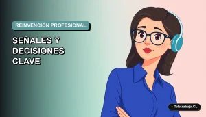 Ilustración vectorial plana de una mujer profesional de teletrabajo con blusa azul, mirando pensativamente hacia la izquierda, sobre fondo degradado suave azul verdoso.