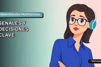 Ilustración vectorial plana de una mujer profesional de teletrabajo con blusa azul, mirando pensativamente hacia la izquierda, sobre fondo degradado suave azul verdoso.