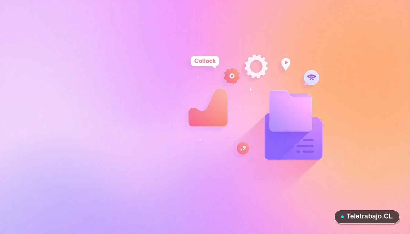 Composición abstracta de interfaz de usuario tecnológica con gráficos flotantes y iconos de engranajes y carpetas en colores lavanda y durazno, sobre fondo degradado.