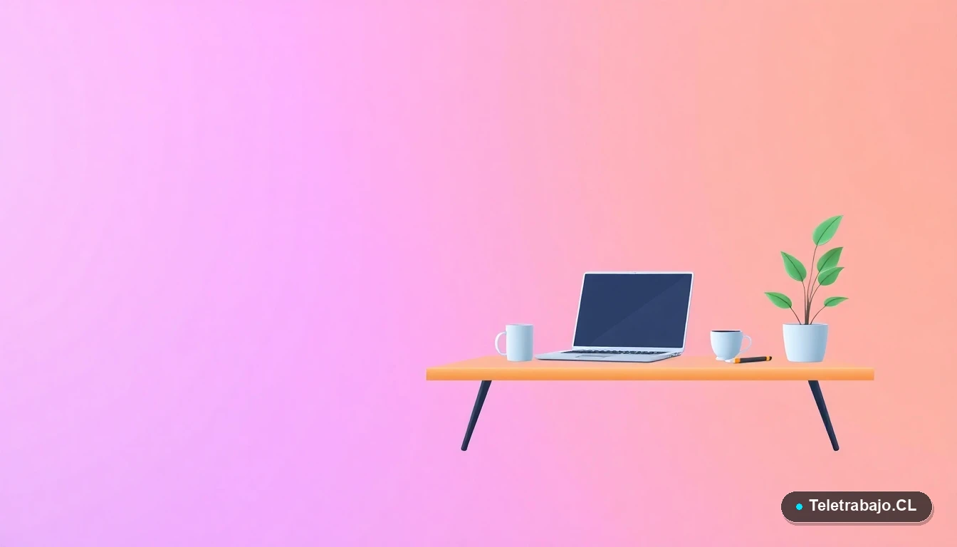 Escritorio moderno minimalista para trabajo remoto con laptop y elementos de oficina, ilustración vectorial plana sobre fondo degradado lavanda.