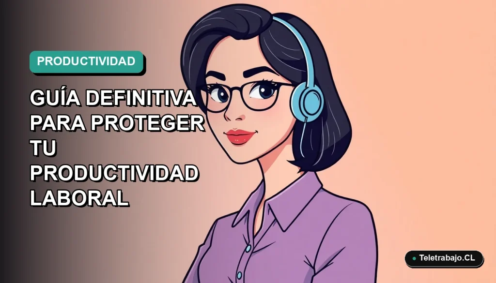 Ilustración plana corporativa de mujer profesional de teletrabajo en Chile, con fondo degradado azul verdoso, para artículo sobre cambio de hora y productividad laboral 2026.