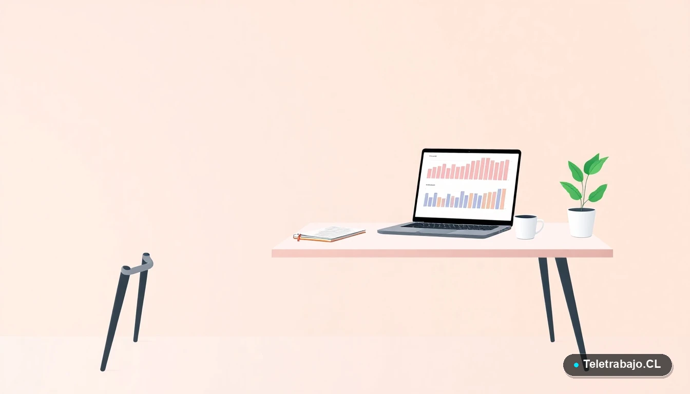 Escritorio moderno minimalista para teletrabajo con laptop, gráficos, café y planta, ilustración plana con fondo degradado melocotón, concepto de productividad y organización.