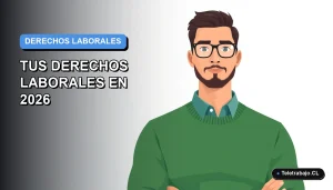 Ilustración vectorial plana de un trabajador masculino de tecnología con suéter verde, sobre un fondo degradado azul y blanco, representando derechos laborales en cambio de empresa.