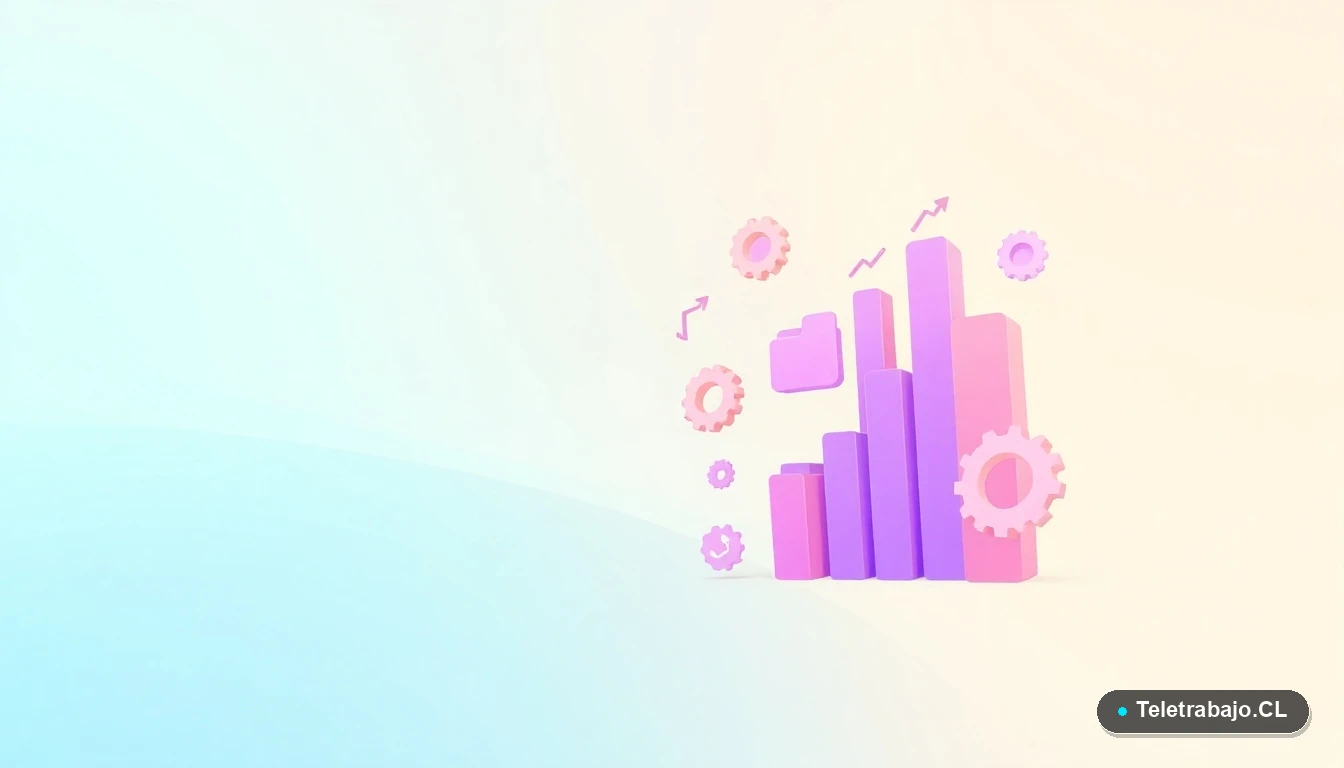 Composición abstracta de interfaz de usuario con gráficos, engranajes y carpetas flotantes en colores lavanda y durazno, sobre fondo degradado de menta.