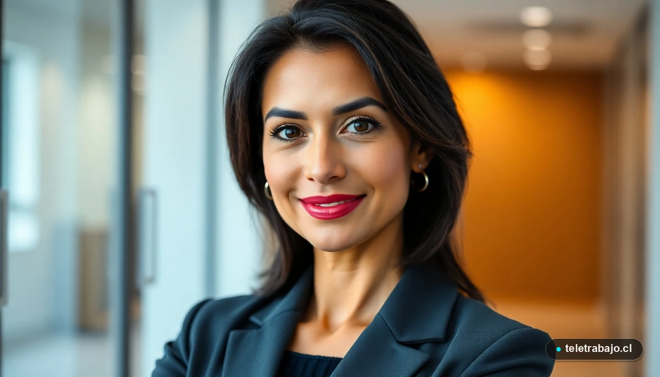 Retrato profesional de una abogada laboral hispana sonriendo con confianza en una oficina moderna.