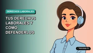 Ilustración vectorial plana de una trabajadora chilena sonriente con blusa azul, sobre fondo degradado verde azulado, representando seguridad laboral ante cambio de empresa.