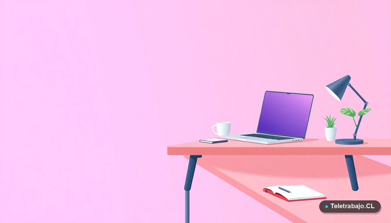 Escritorio moderno y minimalista con laptop, cuaderno, taza de café y planta suculenta, sobre fondo degradado lavanda, simbolizando un espacio de trabajo productivo y organizado.