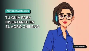 Ilustración vectorial plana de una mujer profesional con blusa azul y anteojos, sobre un fondo degradado verde azulado, representando capacitación agrícola gratuita SENCE 2026.