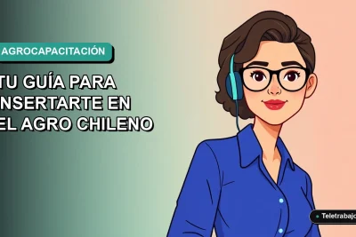 Ilustración vectorial plana de una mujer profesional con blusa azul y anteojos, sobre un fondo degradado verde azulado, representando capacitación agrícola gratuita SENCE 2026.