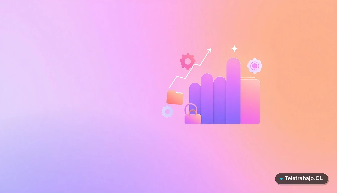 Composición abstracta de interfaz de usuario con gráficos, engranajes y carpetas flotantes en colores lavanda y durazno, sobre fondo degradado, concepto de tecnología y gestión para el agro.