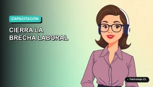 Ilustración plana de mujer profesional de tecnología trabajando de forma remota, con fondo degradado azul y verde.