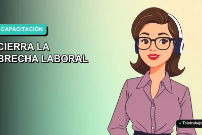 Ilustración plana de mujer profesional de tecnología trabajando de forma remota, con fondo degradado azul y verde.