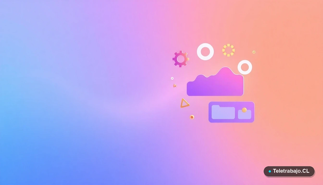 Composición abstracta de elementos de interfaz de usuario tecnológica, con gráficos y engranajes flotantes en colores lavanda y durazno.