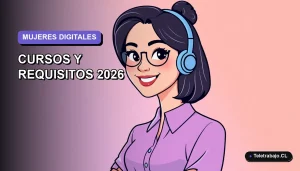 Ilustración plana de una mujer chilena trabajando de forma remota, sonriendo, con fondo degradado lavanda. Representa capacitación digital gratuita para mujeres.
