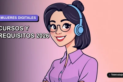 Ilustración plana de una mujer chilena trabajando de forma remota, sonriendo, con fondo degradado lavanda. Representa capacitación digital gratuita para mujeres.