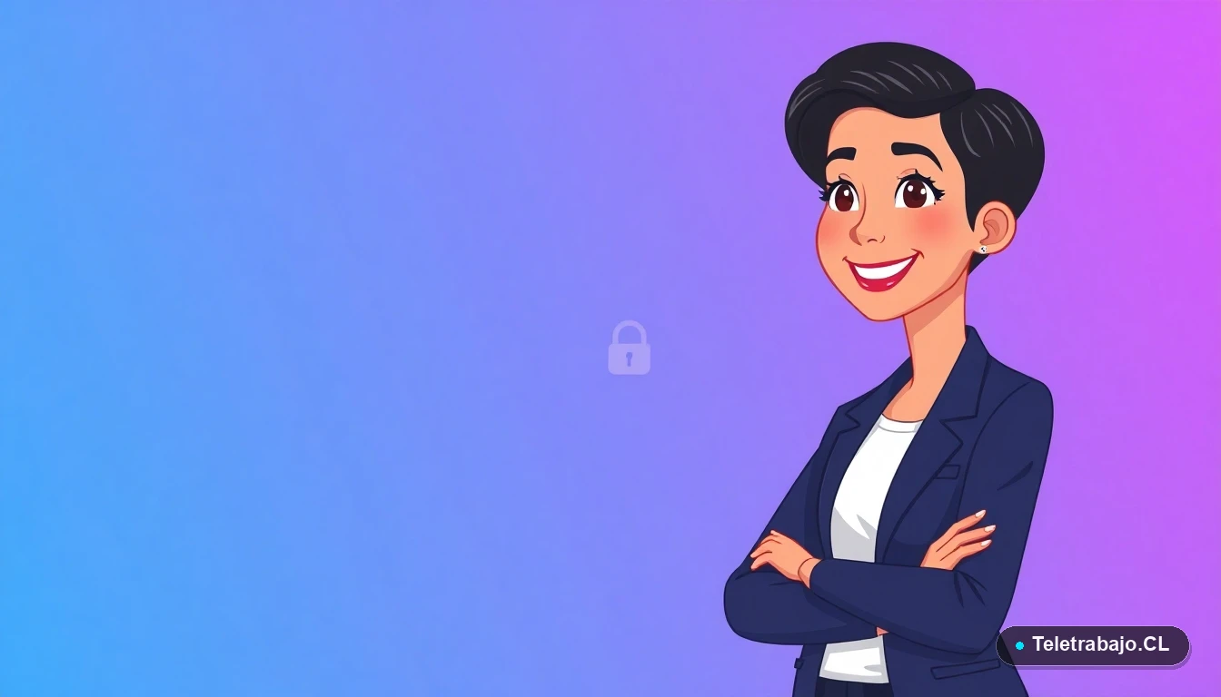 Mujer chilena profesional sonriendo junto a símbolos de ciberseguridad y escudo digital.