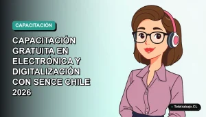 Ilustración vectorial plana de una mujer profesional de teletrabajo, con fondo degradado azul verdoso, promocionando capacitación SENCE en electrónica.