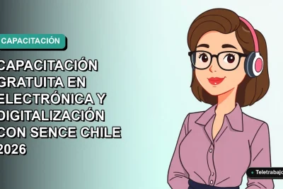 Ilustración vectorial plana de una mujer profesional de teletrabajo, con fondo degradado azul verdoso, promocionando capacitación SENCE en electrónica.