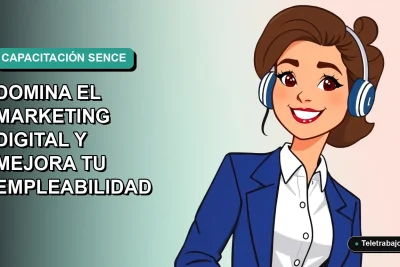 Ilustración plana vectorial de una mujer profesional con camisa blanca y chaqueta azul, sonriendo, sobre un fondo degradado suave de color verde azulado. Representa capacitación en marketing digital y empleabilidad.