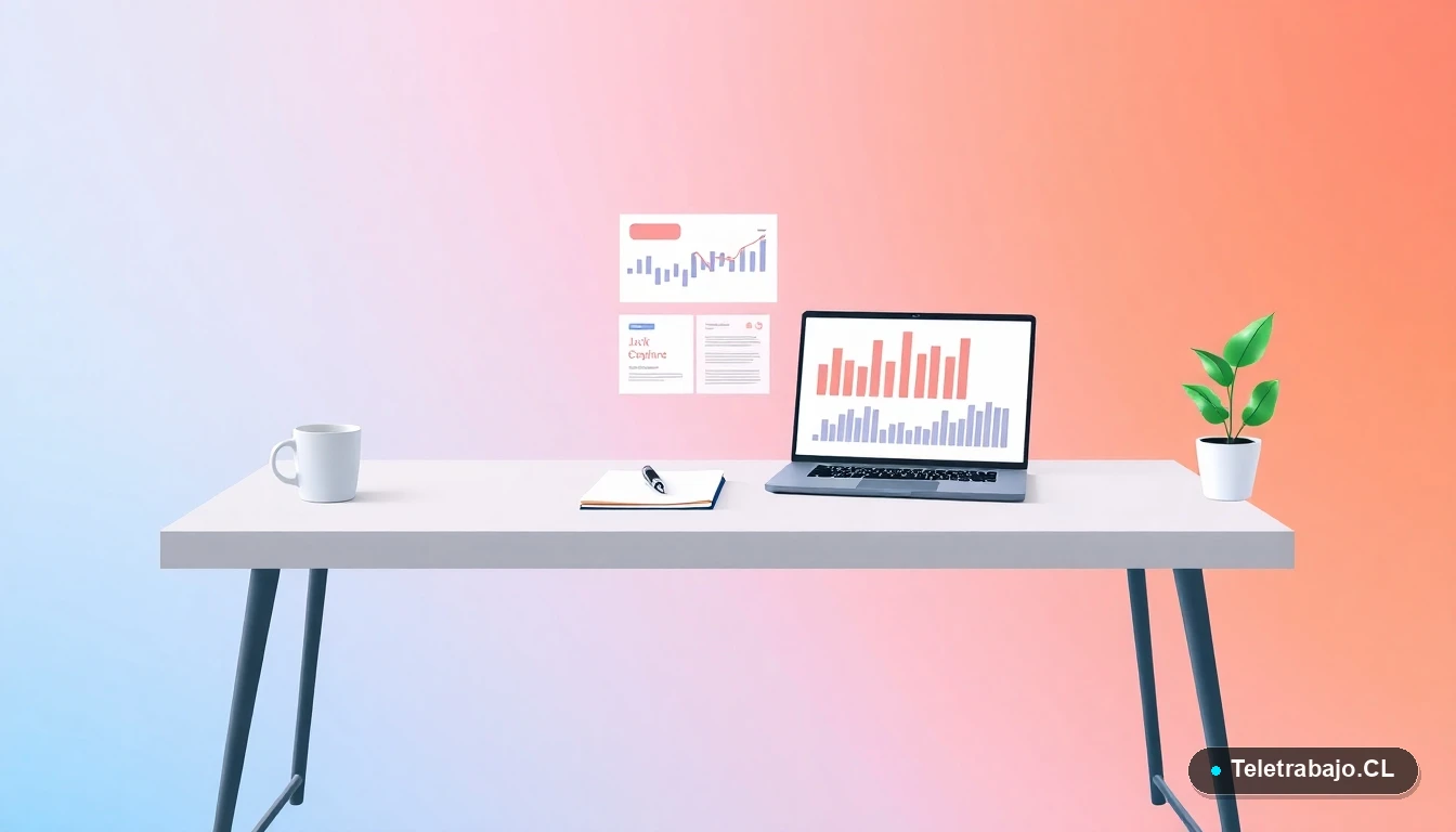 Escritorio moderno minimalista con laptop, gráficos digitales, taza de café y planta, sobre fondo degradado lavanda. Representa un espacio de trabajo digital y aprendizaje en marketing.