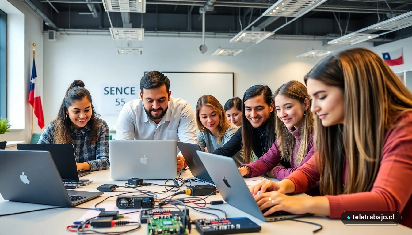 Estudiantes adultos en capacitación práctica de electrónica y digitalización con cursos SENCE en Chile