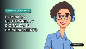 Mujer profesional de ilustración vectorial plana con blusa azul y lentes, sonriendo, sobre fondo degradado verde azulado. Representa capacitación técnica gratuita.
