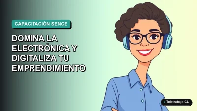 Mujer profesional de ilustración vectorial plana con blusa azul y lentes, sonriendo, sobre fondo degradado verde azulado. Representa capacitación técnica gratuita.