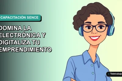 Mujer profesional de ilustración vectorial plana con blusa azul y lentes, sonriendo, sobre fondo degradado verde azulado. Representa capacitación técnica gratuita.