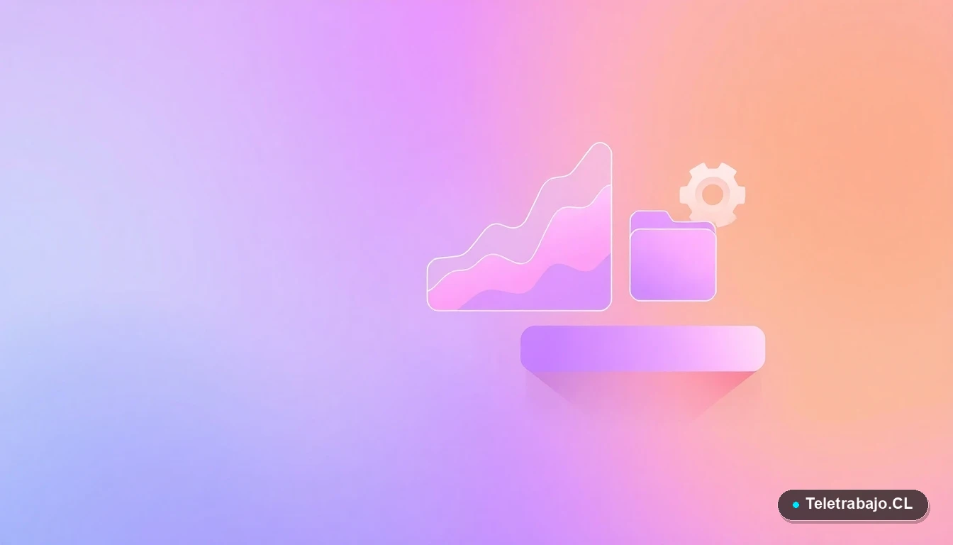Composición abstracta de interfaz de usuario tecnológica con gráficos flotantes, un engranaje y una carpeta, en colores lavanda y durazno, sobre fondo degradado. Representa digitalización y datos.