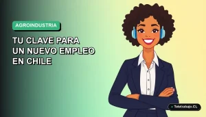 Ilustración vectorial plana de una mujer profesional sonriente, con camisa blanca y chaqueta, sobre un fondo degradado verde y azul. Representa oportunidades de capacitación gratuita SENCE en el sector agroindustrial chileno.