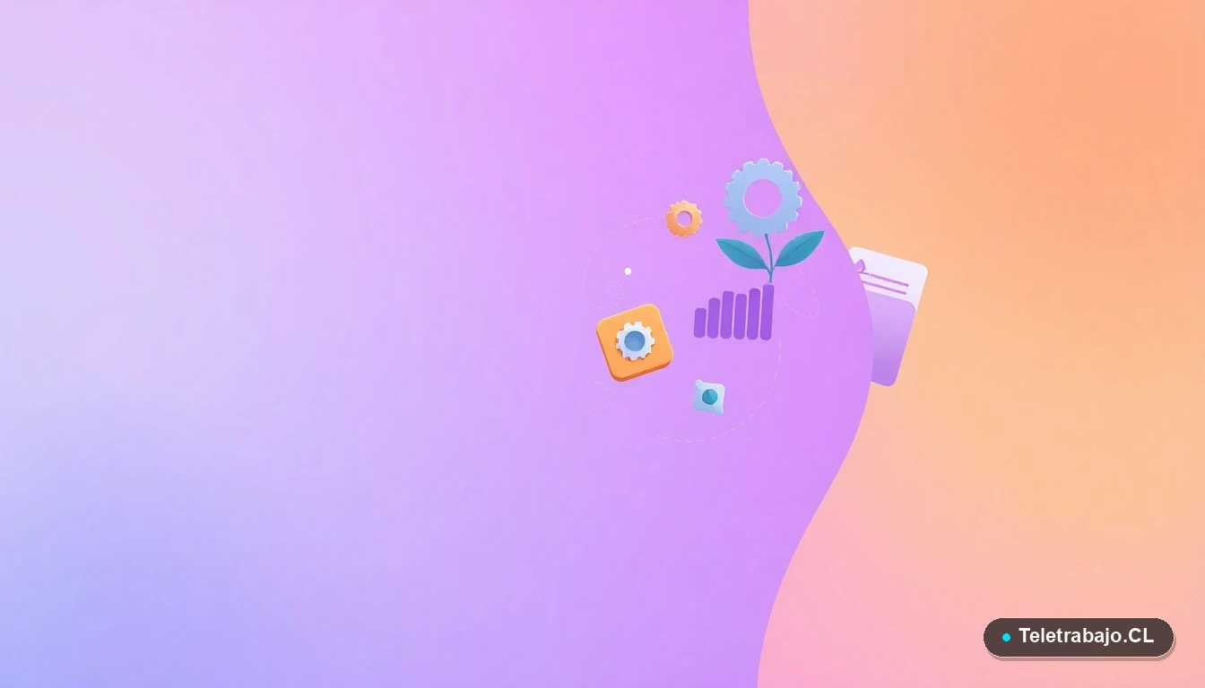 Iconos vectoriales abstractos de una hoja, un engranaje, un gráfico y una carpeta, flotando sobre un fondo degradado lila y durazno. Representa el crecimiento, la tecnología y la gestión en la agroindustria.