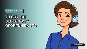 Ilustración vectorial plana de una mujer profesional chilena sonriendo, con blusa azul, sobre un fondo degradado suave. Representa capacitación laboral y desarrollo profesional.