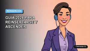 Ilustración vectorial plana de una mujer profesional chilena mayor de 40 años sonriendo, con fondo degradado azul y naranja, concepto de capacitación y reinserción laboral.