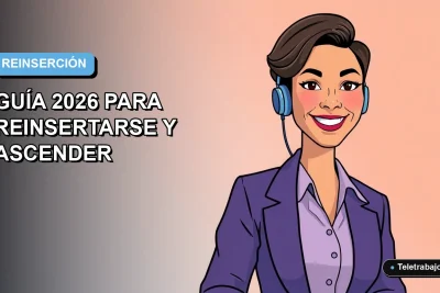 Ilustración vectorial plana de una mujer profesional chilena mayor de 40 años sonriendo, con fondo degradado azul y naranja, concepto de capacitación y reinserción laboral.