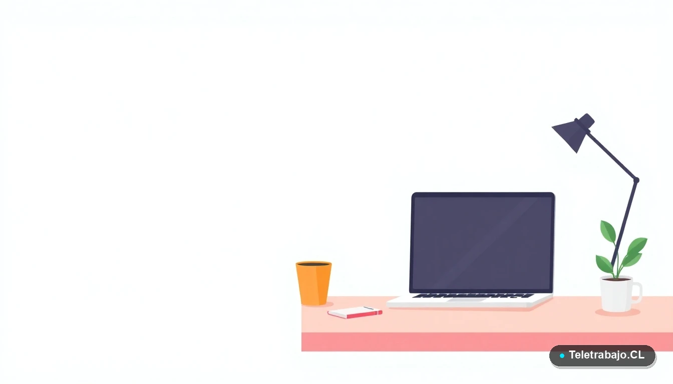 Escritorio moderno minimalista con laptop, cuaderno y taza de café, fondo con gradiente suave de color menta.