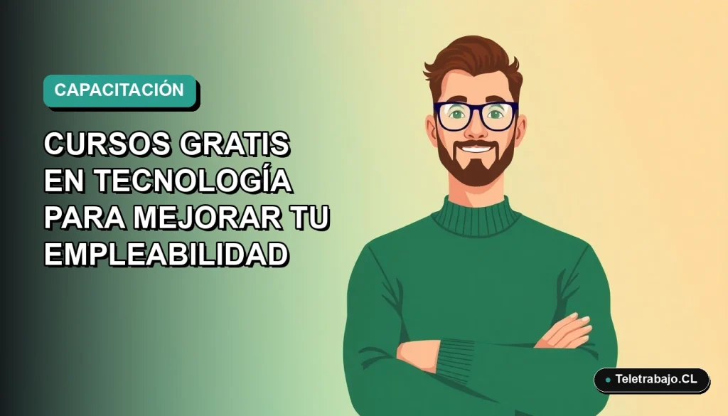 Ilustración plana vectorial de un trabajador remoto masculino en estilo Corporate Memphis, con suéter verde, sobre un fondo degradado azul verdoso. Espacio negativo a la izquierda.