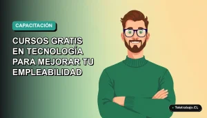 Ilustración plana vectorial de un trabajador remoto masculino en estilo Corporate Memphis, con suéter verde, sobre un fondo degradado azul verdoso. Espacio negativo a la izquierda.