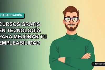 Ilustración plana vectorial de un trabajador remoto masculino en estilo Corporate Memphis, con suéter verde, sobre un fondo degradado azul verdoso. Espacio negativo a la izquierda.